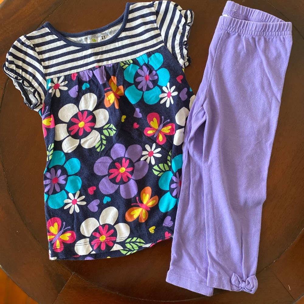 HP| Jumping Beans tunic striped flower top and bow purple leggings size 2T